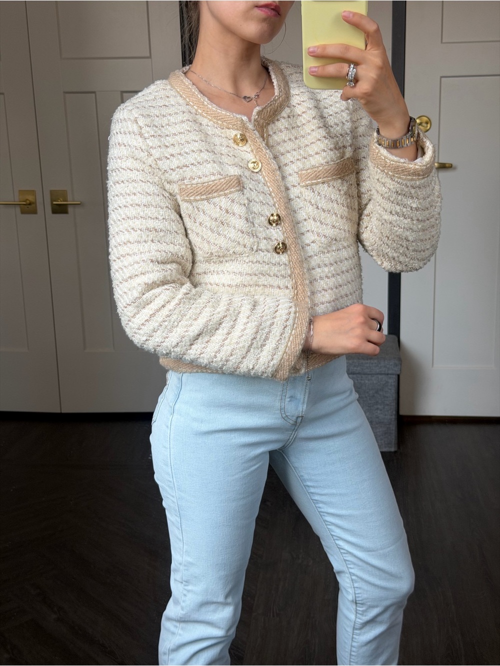 Cream Warm Padded Tweed Cropped Jacket with Gold Buttons - Women